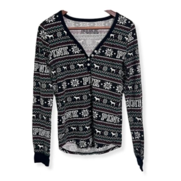 Victoria's Secret Pink Thermal Henley Pajama Set Long Sleeves Holiday Christmas - Picture 5 of 8